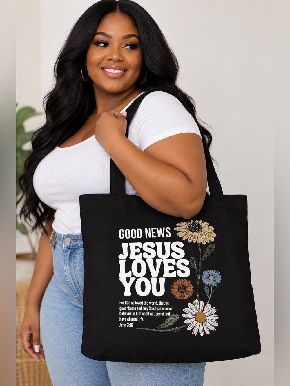 Jesus Loves You Floral Canvas Tote Bag